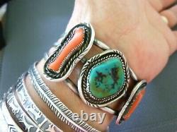 VINTAGE Old Pawn NAVAJO Sterling Silver TURQUOISE & CORAL NATIVE Cuff Bracelet