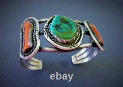 VINTAGE Old Pawn NAVAJO Sterling Silver TURQUOISE & CORAL NATIVE Cuff Bracelet