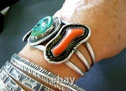 VINTAGE Old Pawn NAVAJO Sterling Silver TURQUOISE & CORAL NATIVE Cuff Bracelet