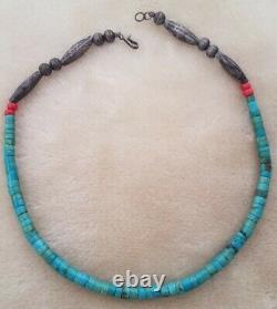 VINTAGE SANTO DOMINGO TURQUOISE HEISHI NECKLACE, With Hand made Sterling Beads