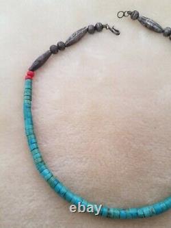 VINTAGE SANTO DOMINGO TURQUOISE HEISHI NECKLACE, With Hand made Sterling Beads