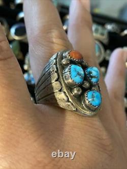 VINTAGE STERLING SILVER TURQUOISE & CORAL NAVAJO NATIVE AMERICAN RING Signed JL