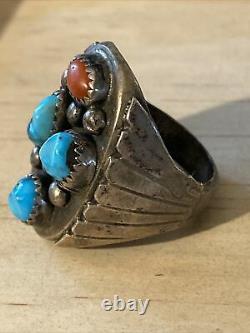 VINTAGE STERLING SILVER TURQUOISE & CORAL NAVAJO NATIVE AMERICAN RING Signed JL