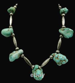 VINTAGE Sterling Silver / Large Raw Turquoise Ladies Navajo Beaded Necklace