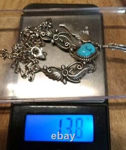 VINTAGE TURQUOISE NAVAJO STERLING SILVER FEATHER NECKLACE Signed M 13.8 Gr