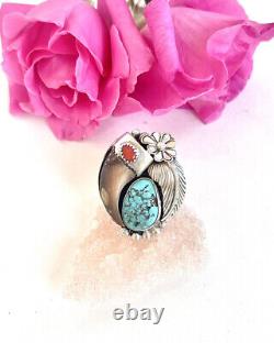 VINTAGE? Turquoise Squash Blossom CLAW Coral Ring Sterling Southwest Boho
