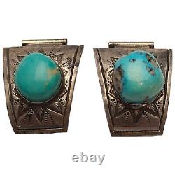 VINTAGE huge STERLING SILVER TURQUOISE NAVAJO WATCH END TIPS RICHARD BEGAY