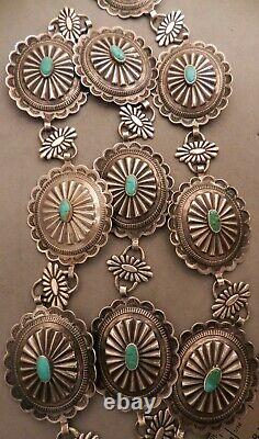 VTG 1950's NAVAJO STERLING & TURQUOISE CONCHO BELT 42 END TO END, 10 CONCHOS