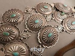 VTG 1950's NAVAJO STERLING & TURQUOISE CONCHO BELT 42 END TO END, 10 CONCHOS