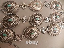 VTG 1950's NAVAJO STERLING & TURQUOISE CONCHO BELT 42 END TO END, 10 CONCHOS