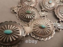 VTG 1950's NAVAJO STERLING & TURQUOISE CONCHO BELT 42 END TO END, 10 CONCHOS
