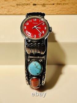 VTG 1976 Timex Female Petite Sterling Navajo Turquoise Coral Watch Cuff