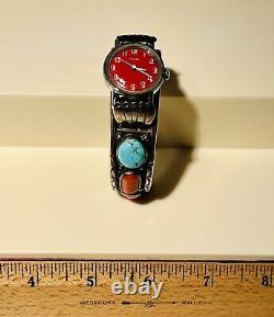 VTG 1976 Timex Female Petite Sterling Navajo Turquoise Coral Watch Cuff