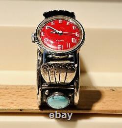 VTG 1976 Timex Female Petite Sterling Navajo Turquoise Coral Watch Cuff