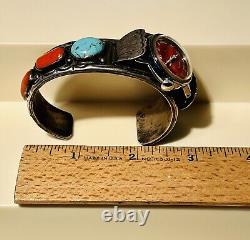 VTG 1976 Timex Female Petite Sterling Navajo Turquoise Coral Watch Cuff