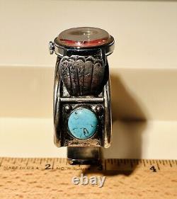 VTG 1976 Timex Female Petite Sterling Navajo Turquoise Coral Watch Cuff