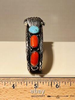 VTG 1976 Timex Female Petite Sterling Navajo Turquoise Coral Watch Cuff