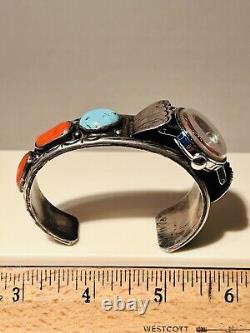 VTG 1976 Timex Female Petite Sterling Navajo Turquoise Coral Watch Cuff