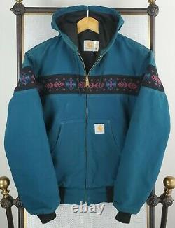 VTG CARHARTT Size Medium Turquoise Aztec Southwest Mens Hooded Bomber Jacket