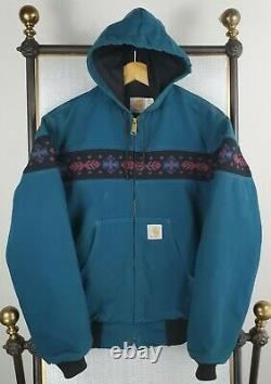 VTG CARHARTT Size Medium Turquoise Aztec Southwest Mens Hooded Bomber Jacket