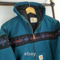 VTG CARHARTT Size Medium Turquoise Aztec Southwest Mens Hooded Bomber Jacket