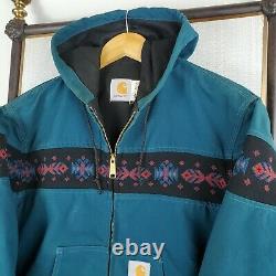 VTG CARHARTT Size Medium Turquoise Aztec Southwest Mens Hooded Bomber Jacket