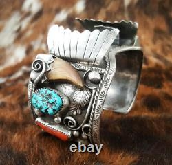 VTG Mens Navajo Sterling Silver Turquoise Coral Bear Claw Watch Cuff Bracelet