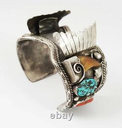 VTG Mens Navajo Sterling Silver Turquoise Coral Bear Claw Watch Cuff Bracelet