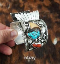 VTG Mens Navajo Sterling Silver Turquoise Coral Bear Claw Watch Cuff Bracelet