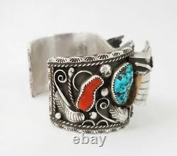 VTG Mens Navajo Sterling Silver Turquoise Coral Bear Claw Watch Cuff Bracelet