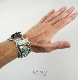 VTG Mens Navajo Sterling Silver Turquoise Coral Bear Claw Watch Cuff Bracelet