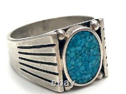 VTG Navajo Crushed Turquoise LARGE Men's Sterling Silver Signet Ring- Signed JF