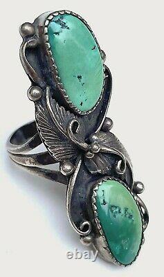 VTG Navajo Long Turquoise Sterling Silver Sz 8 Ring 2 Beautiful Green Cerrillos