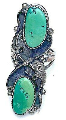 VTG Navajo Long Turquoise Sterling Silver Sz 8 Ring 2 Beautiful Green Cerrillos