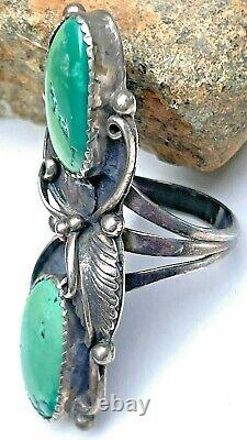 VTG Navajo Long Turquoise Sterling Silver Sz 8 Ring 2 Beautiful Green Cerrillos