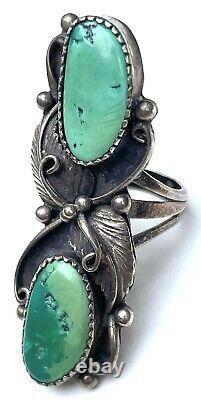 VTG Navajo Long Turquoise Sterling Silver Sz 8 Ring 2 Beautiful Green Cerrillos