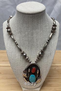 VTG Navajo Native American Sterling Silver Coral Turquoise Pendant Necklace