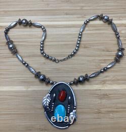 VTG Navajo Native American Sterling Silver Coral Turquoise Pendant Necklace