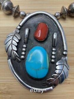 VTG Navajo Native American Sterling Silver Coral Turquoise Pendant Necklace