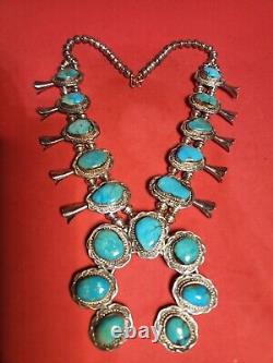 VTG Navajo Squash Blossom Necklace Kingman Turquoise Sterling Silver 25 189g