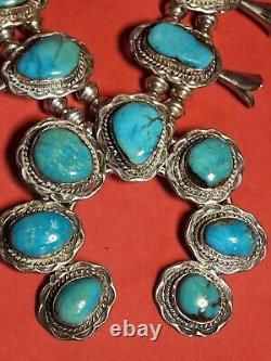 VTG Navajo Squash Blossom Necklace Kingman Turquoise Sterling Silver 25 189g