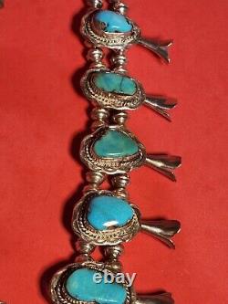 VTG Navajo Squash Blossom Necklace Kingman Turquoise Sterling Silver 25 189g