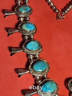 VTG Navajo Squash Blossom Necklace Kingman Turquoise Sterling Silver 25 189g