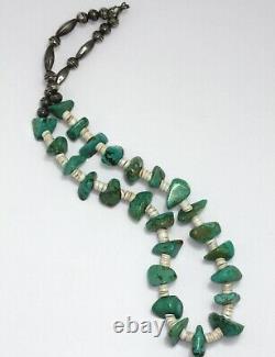 VTG Navajo Sterling Pearl Melon Bench Bead Turquoise Heishi Necklace 20.5L 71g
