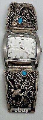 VTG Navajo Sterling Silver Mens Watch Tips Signed R. Francisco Turquoise Eagle