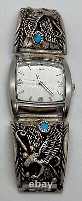 VTG Navajo Sterling Silver Mens Watch Tips Signed R. Francisco Turquoise Eagle