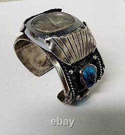 VTG Navajo Sterling Web Arizona Natural Turquoise Watch Cuff Heavy Bracelet