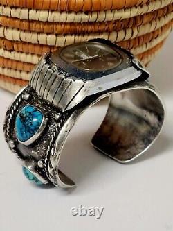 VTG Navajo Sterling Web Arizona Natural Turquoise Watch Cuff Heavy Bracelet