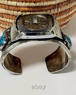 VTG Navajo Sterling Web Arizona Natural Turquoise Watch Cuff Heavy Bracelet