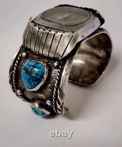 VTG Navajo Sterling Web Arizona Natural Turquoise Watch Cuff Heavy Bracelet